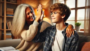 Mãe e filho comemorando juntos uma conquista acadêmica, reforçando a importância da motivação nos estudos.